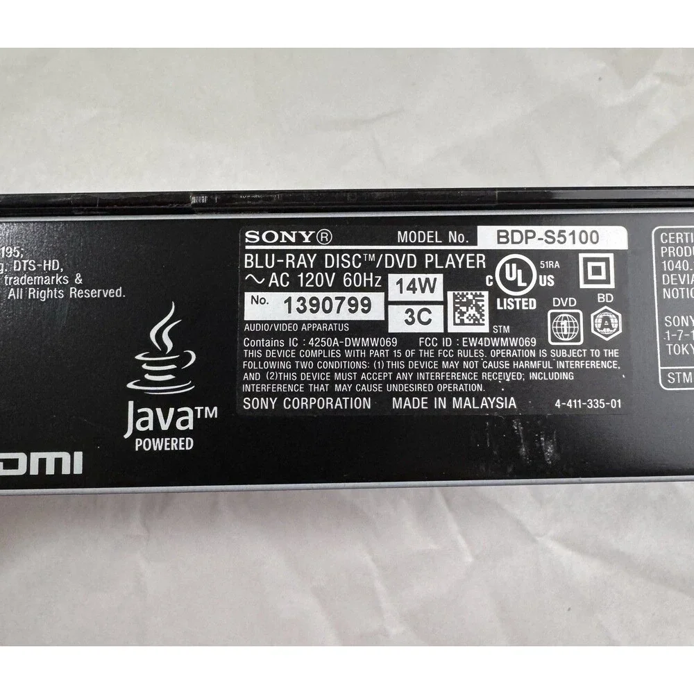 Sony BDP-S5100 DVD BluRay Disc Player Black No Remote Tested w/HDMI Cable